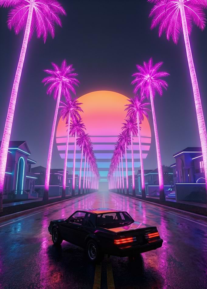 Retro Sunset Drive with Palm Trees