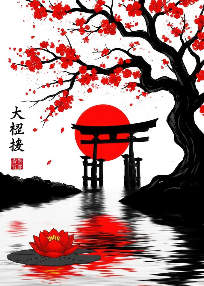 Japanese Torii Gate and Cherry Blossoms
