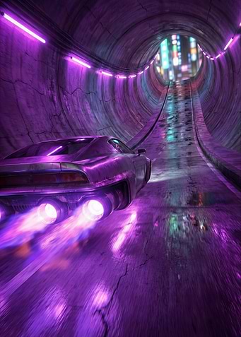 Cyberpunk Car in Neon Tunnel