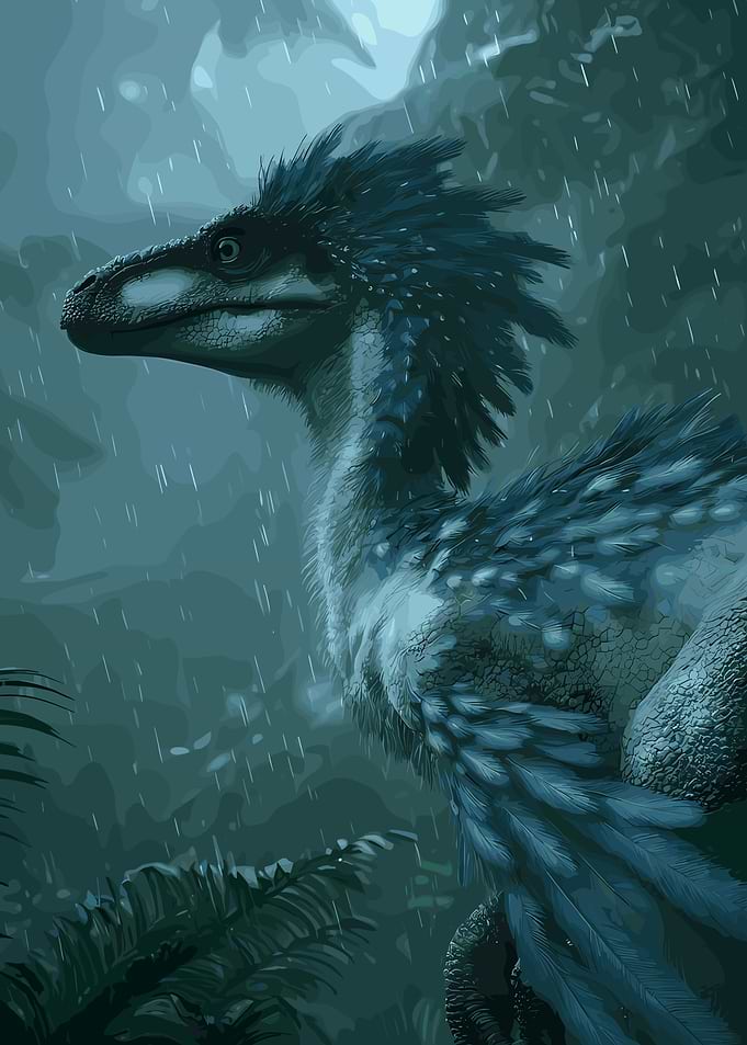 Feathered Dinosaur in Rain