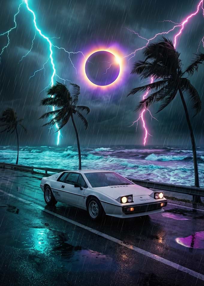 Retro Car Under Eclipse and Lightning
