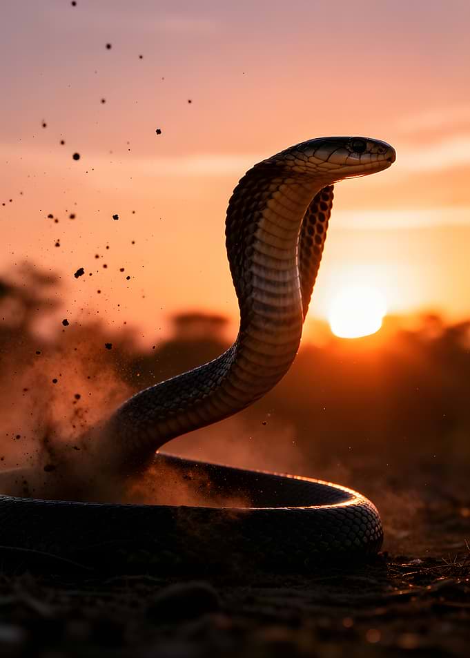 Cobra Rises from Dust at Sunset