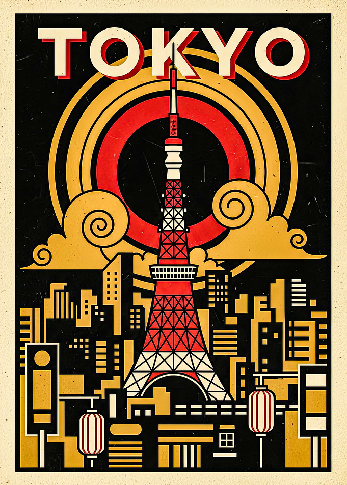 Tokyo Tower Cityscape Vintage Poster