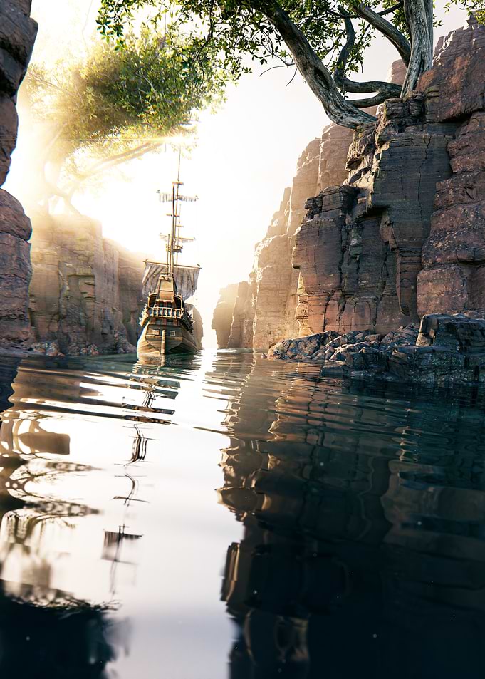 Pirate Ship in a Rocky Canyon