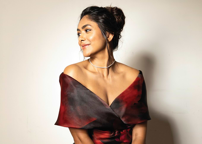 Mrunal Thakur in a floral off-the-shoulder dress