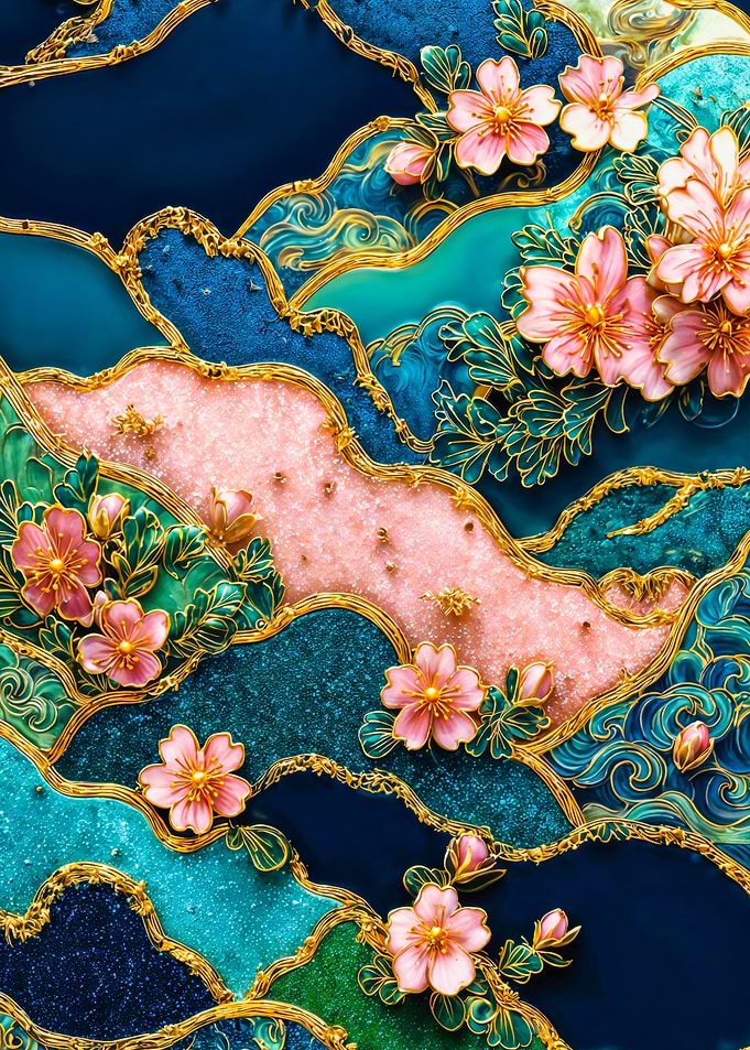 Pink Cherry Blossom Gold Pattern