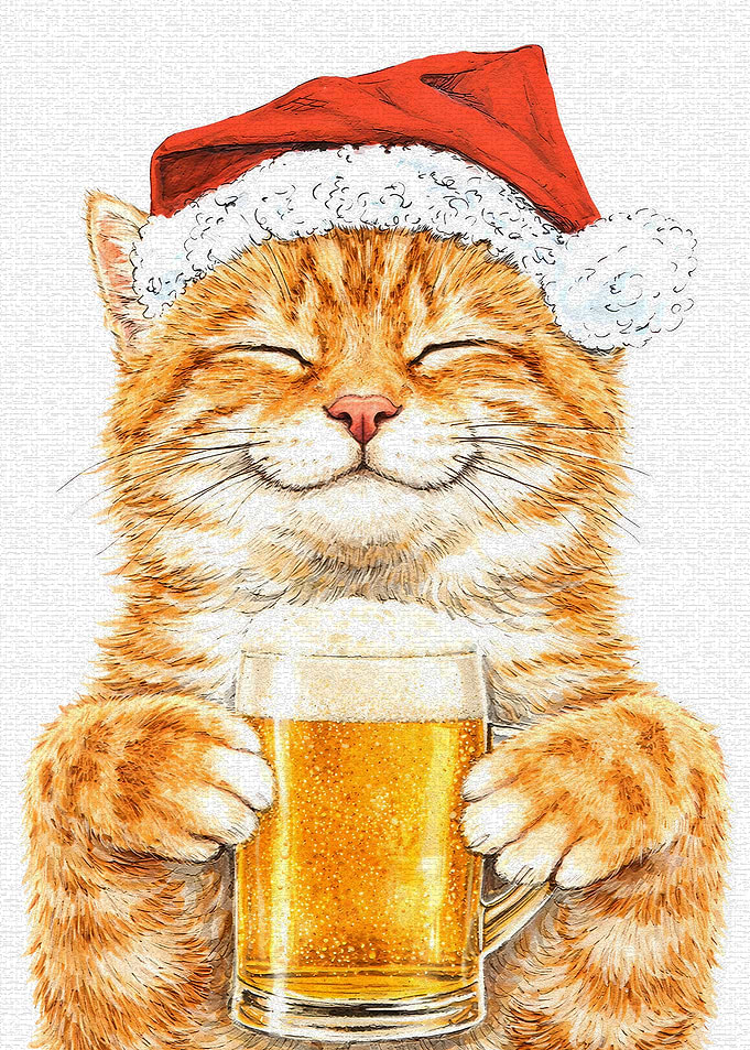 Cat in Santa Hat with Beer
