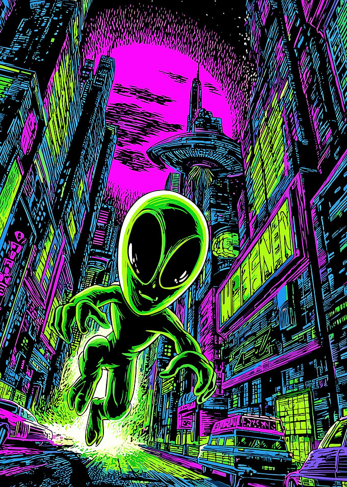 Alien in a Neon Cityscape