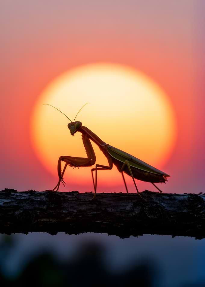 Praying Mantis Silhouetted Against Sunset