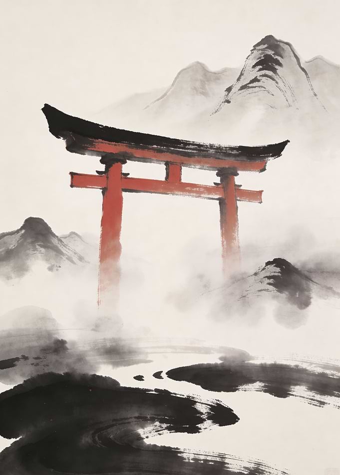 Misty Torii Gate Landscape Painting