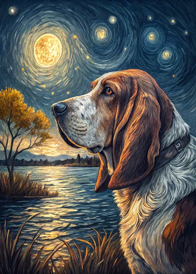 Basset Hound under a starry night sky