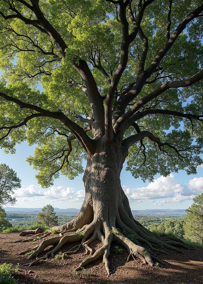 Majestic ancient oak tree with exposed roots