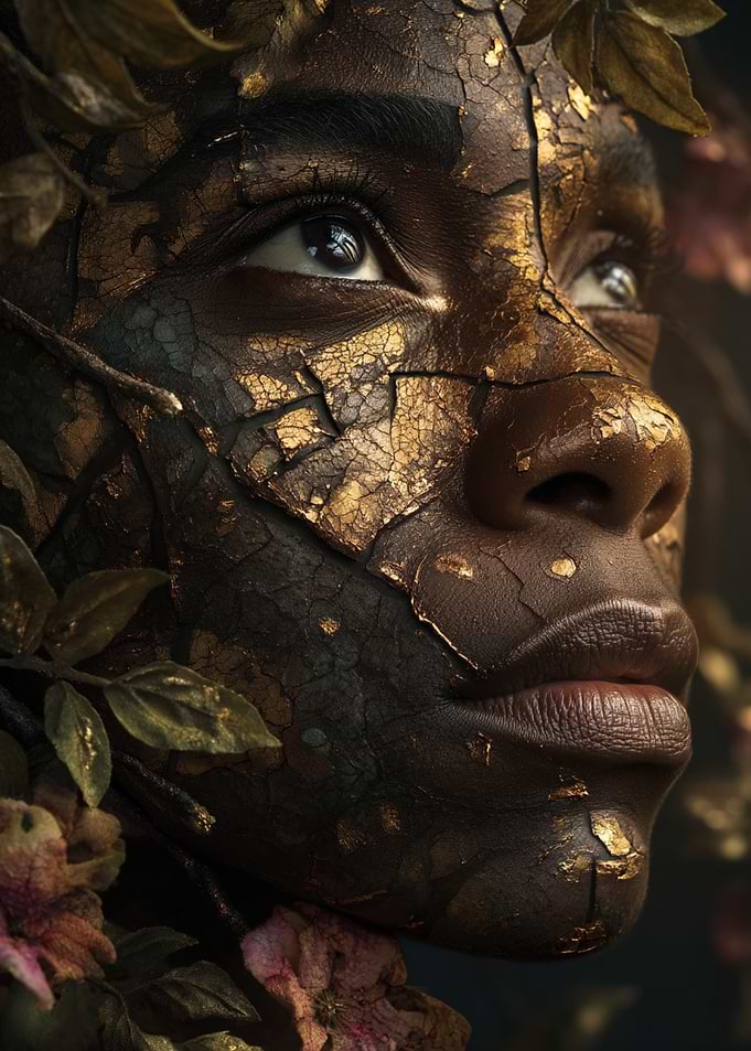 Ethereal Face with Gold and Nature Elements