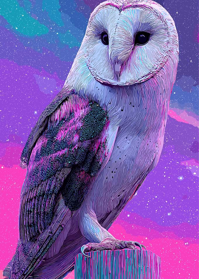 Stylized Barn Owl in Cosmic Sky