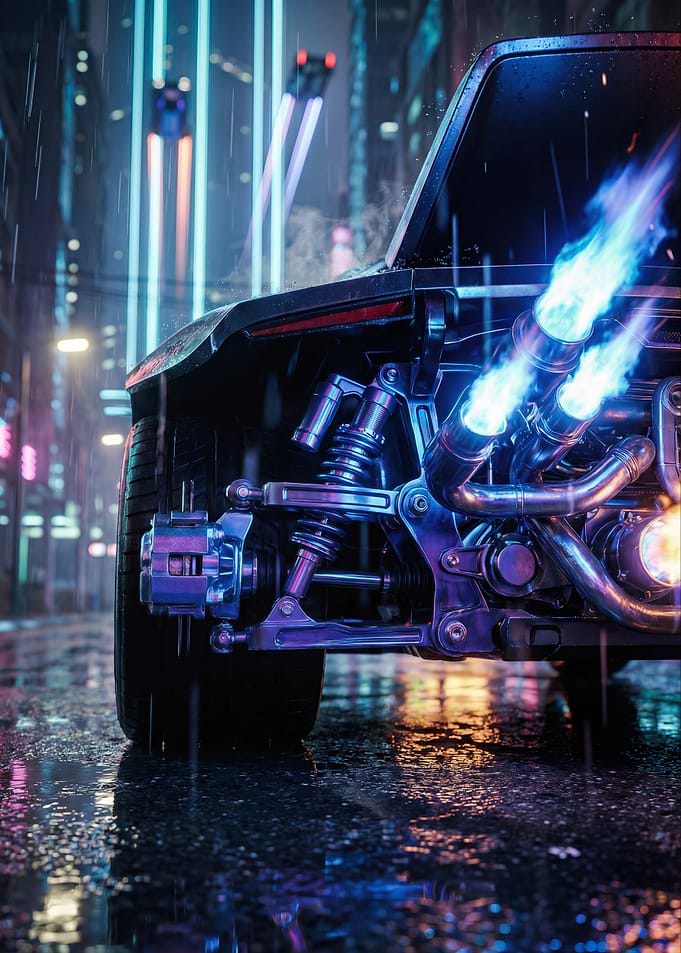 Cyberpunk Car with Blue Flames