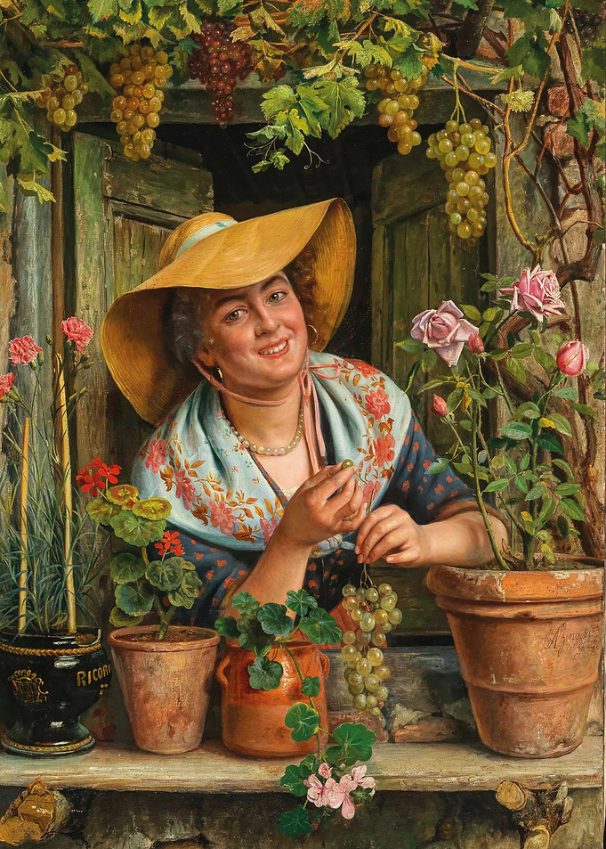 Woman in a straw hat by a window