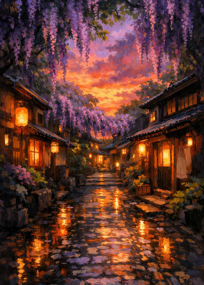Enchanting Wisteria on Japanese Street at Sunset