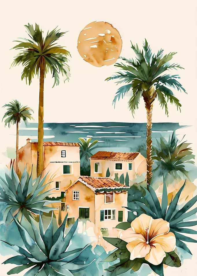 Tropical Coastal Village Watercolor