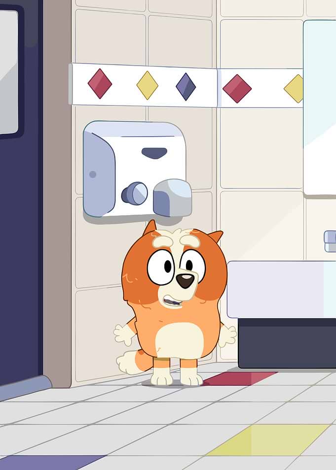 Bluey character in a bathroom