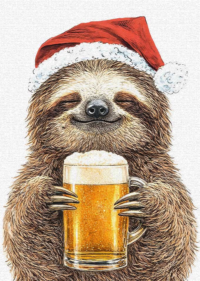 Sloth in Santa Hat with Beer