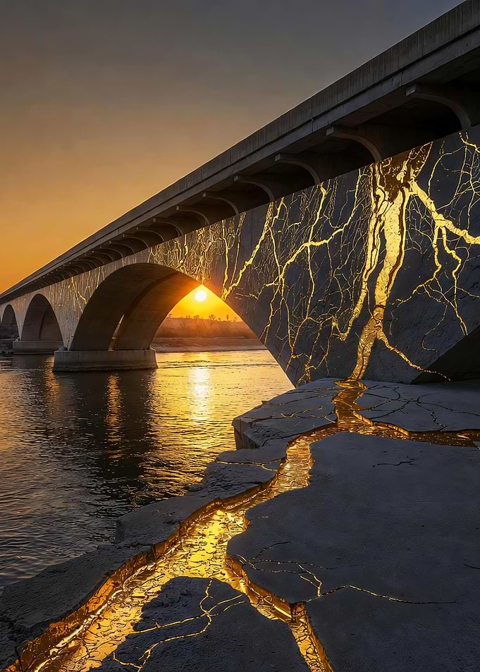 Kintsugi Bridge with Golden Cracks at Sunset