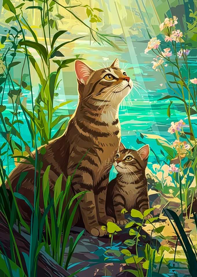 Mother and Kitten Cats by Water
