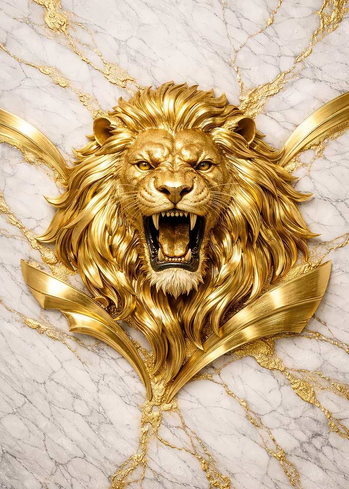 Golden Lion Head on Marble
