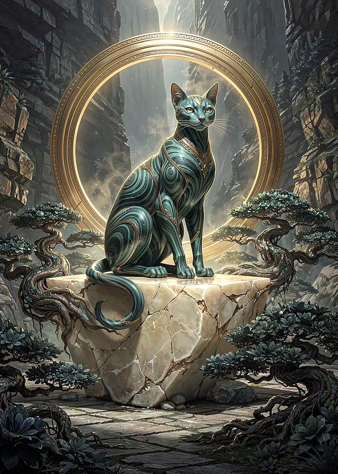 Mystical Cat Statue in Golden Portal