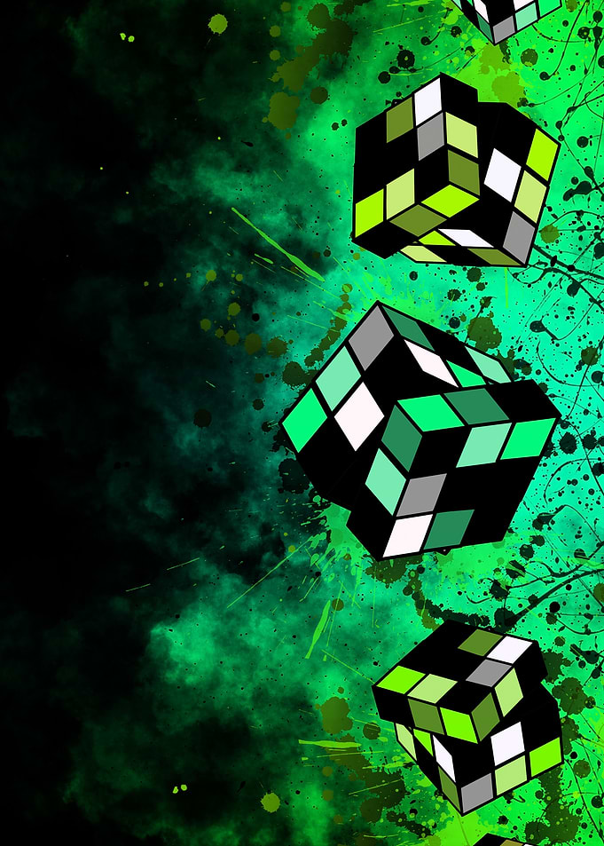 Abstract Cubes on Green Splatter Background