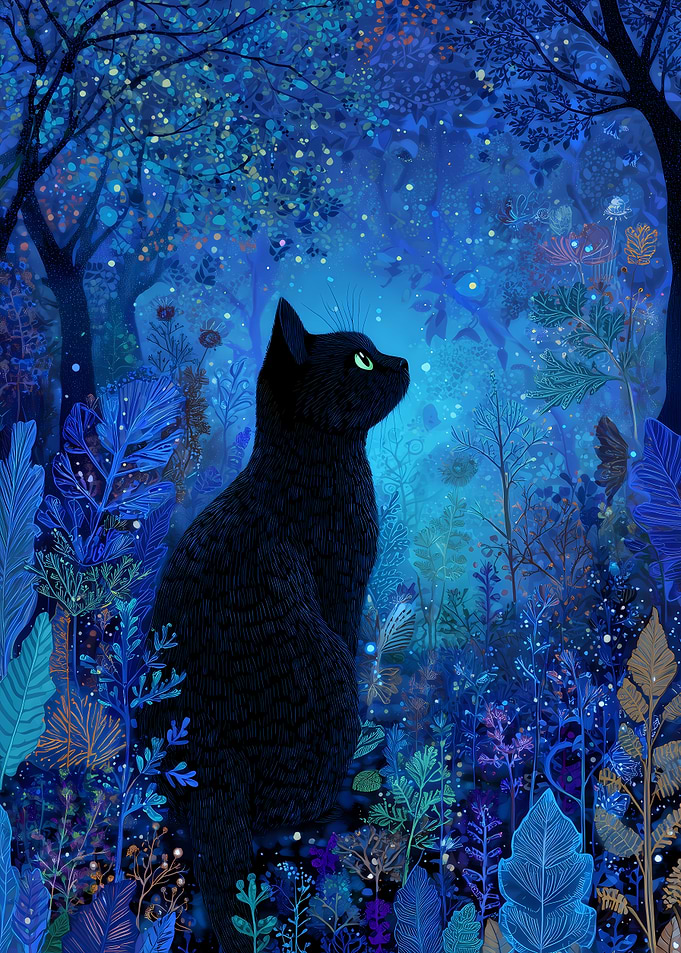 Black Cat in Enchanted Forest