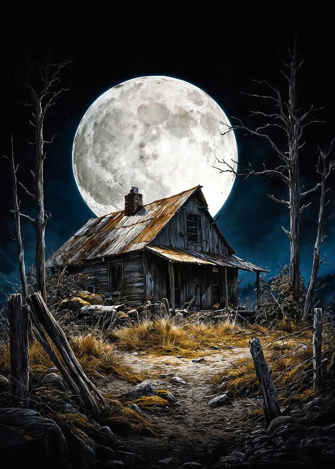 Giant Moon Abandoned Cabin Landscape