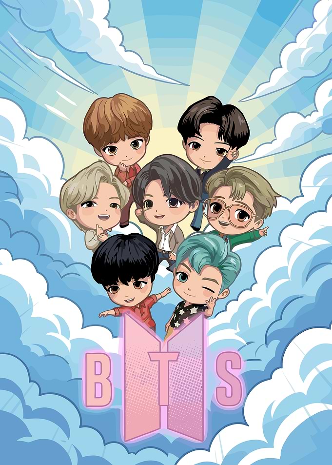 BTS Chibi Characters in Clouds