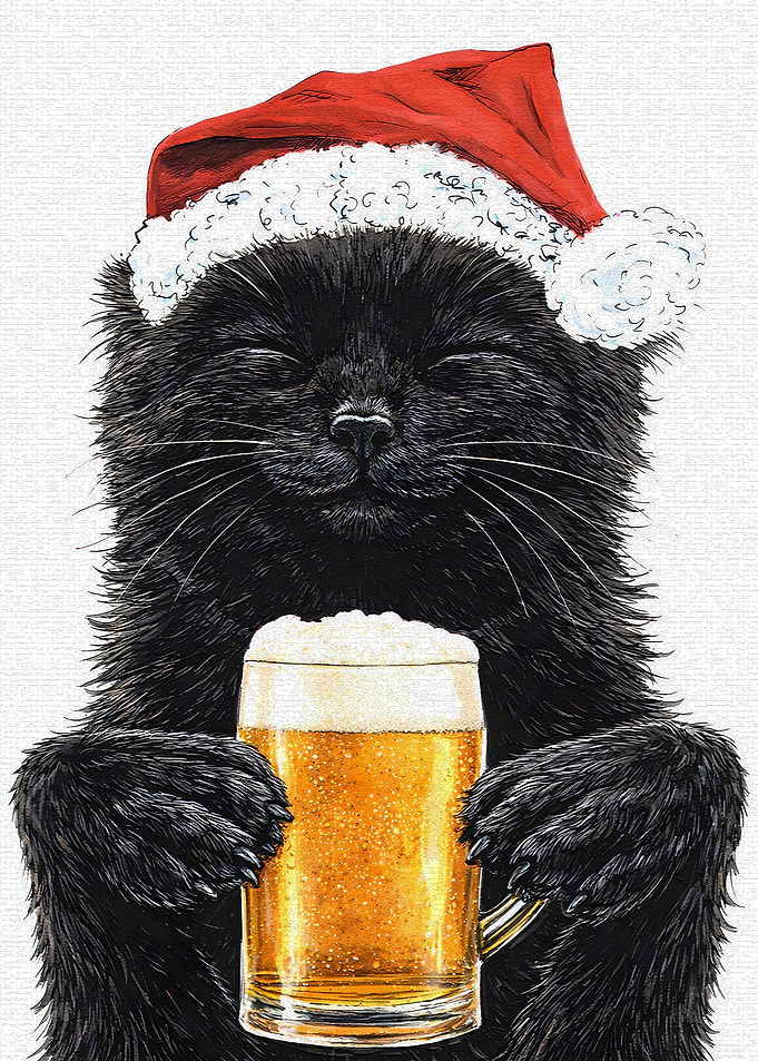 Black Cat in Santa Hat with Beer
