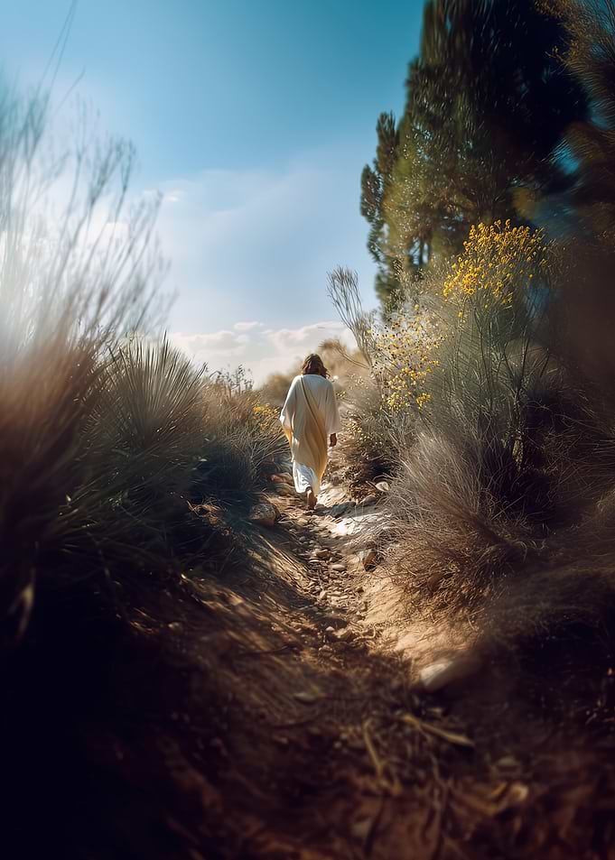 Jesus walking on a desert path