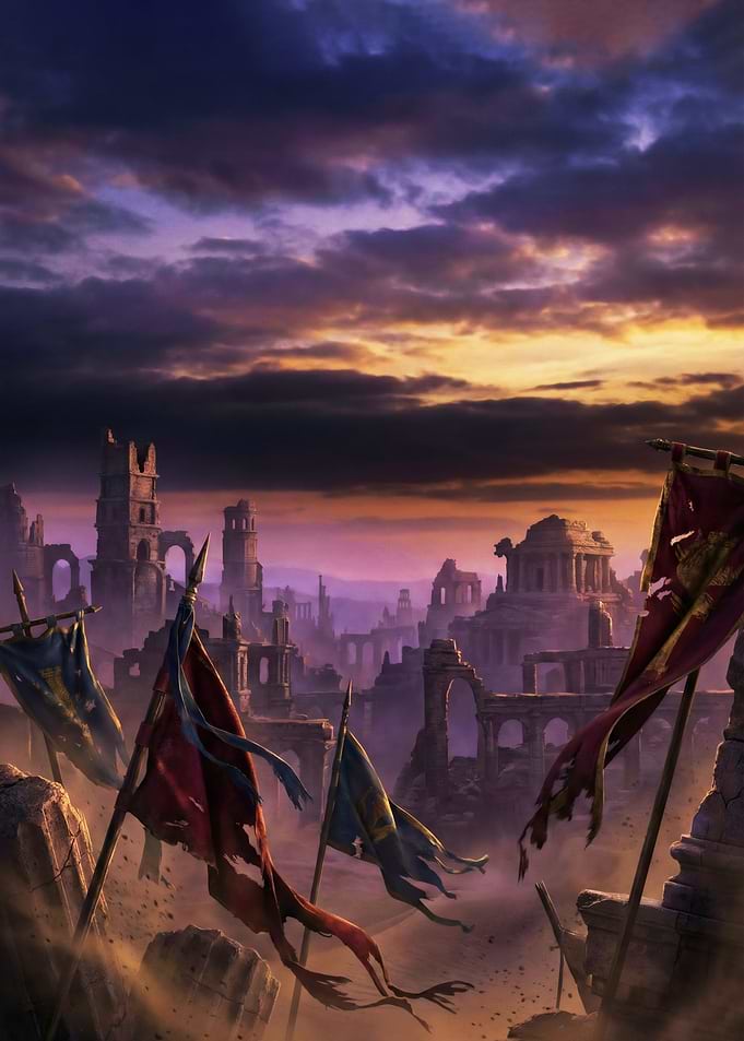 Ruined Cityscape with Flags at Sunset