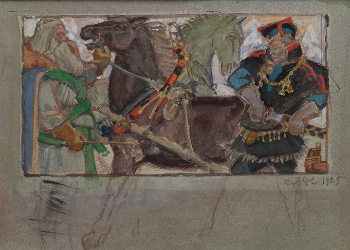 Two figures on horseback in a stylized landscape
