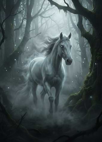Mystical White Horse in Foggy Forest