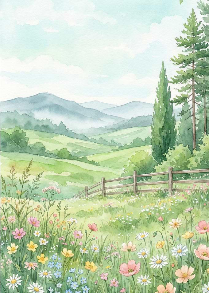 Watercolor Landscape with Wildflowers and Mountains