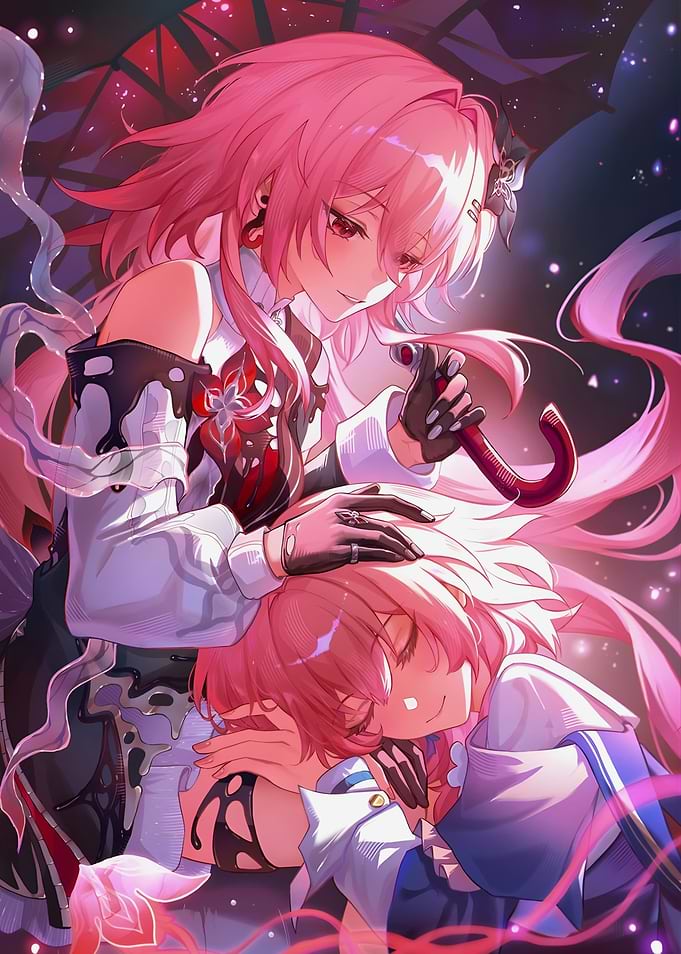 Two girls with pink hair
