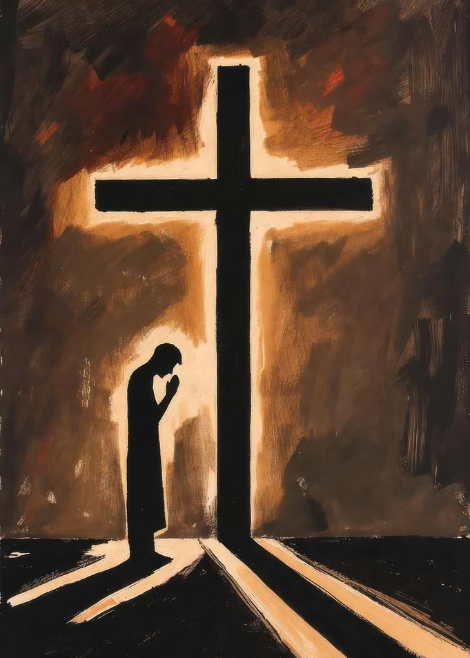 Man Praying Before a Glowing Cross