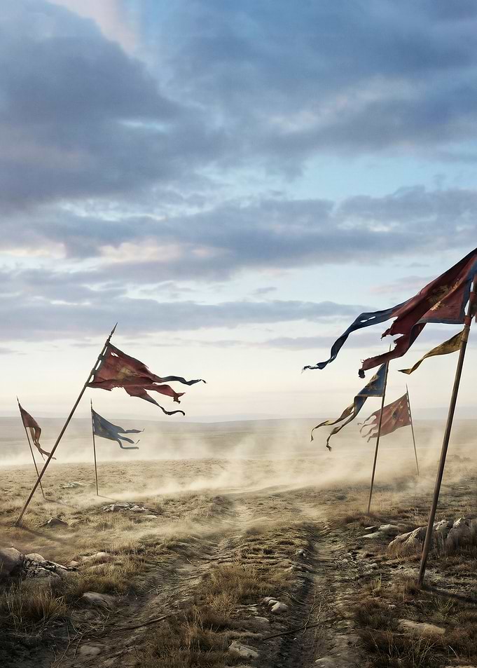Battle Flags in a Dusty Landscape