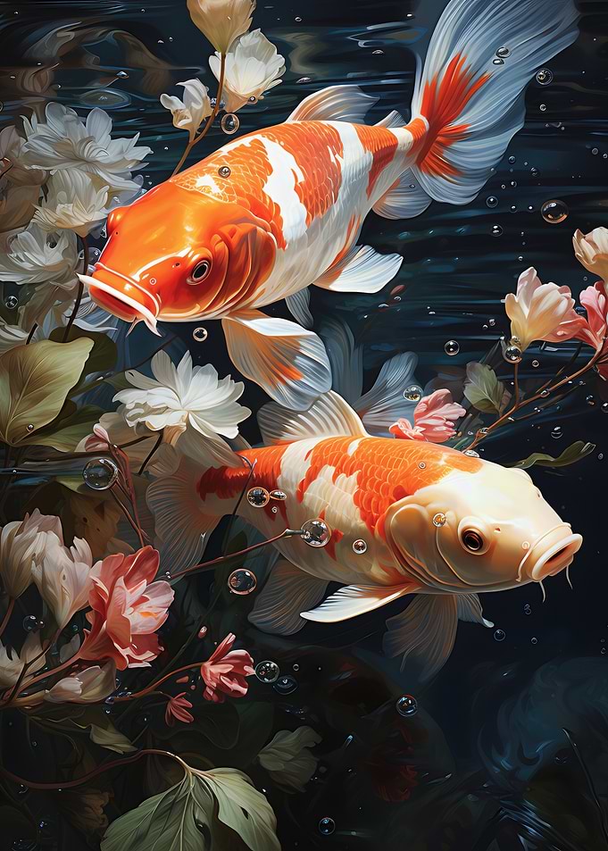 Koi Fish and Flowers