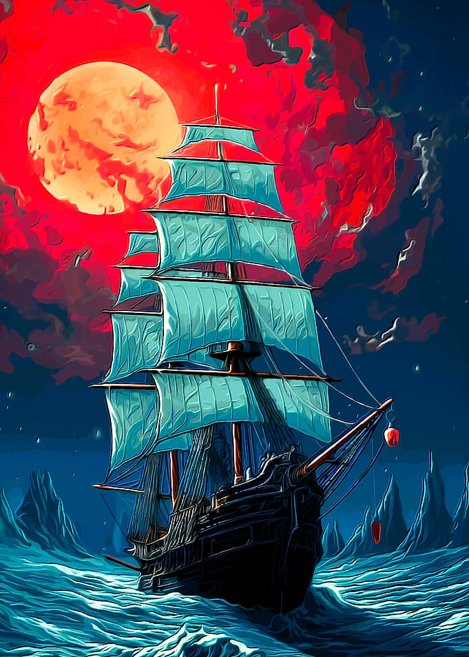 Pirate Ship Under a Blood Moon