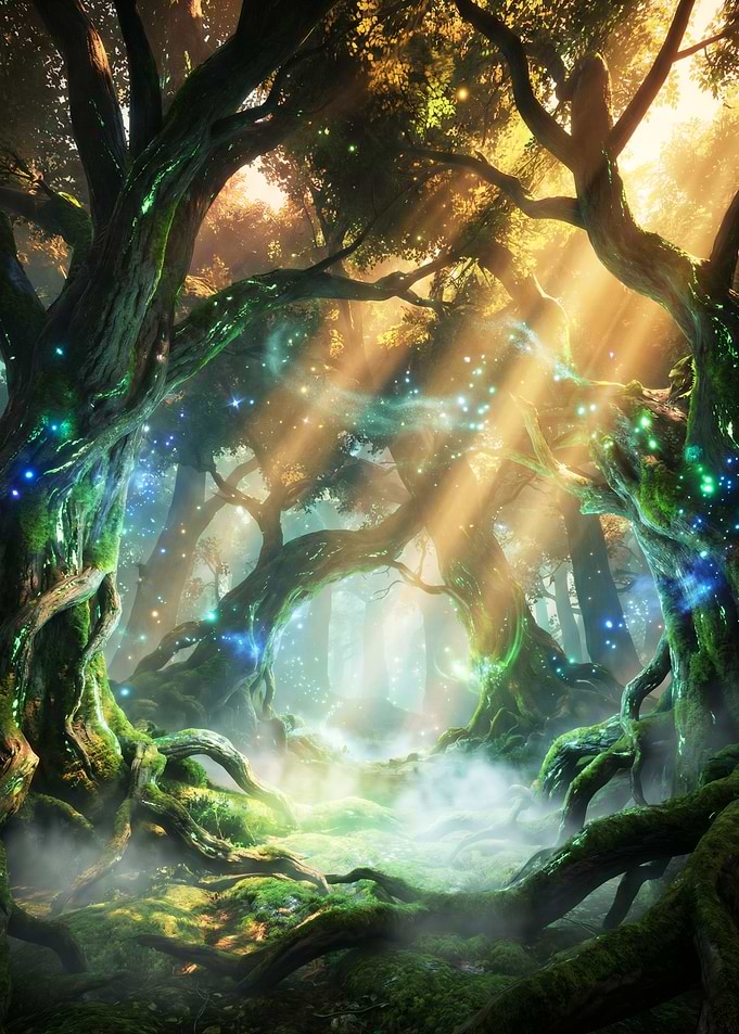 Enchanted Forest with Sunbeams
