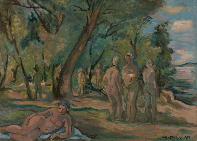 Nude figures by the water