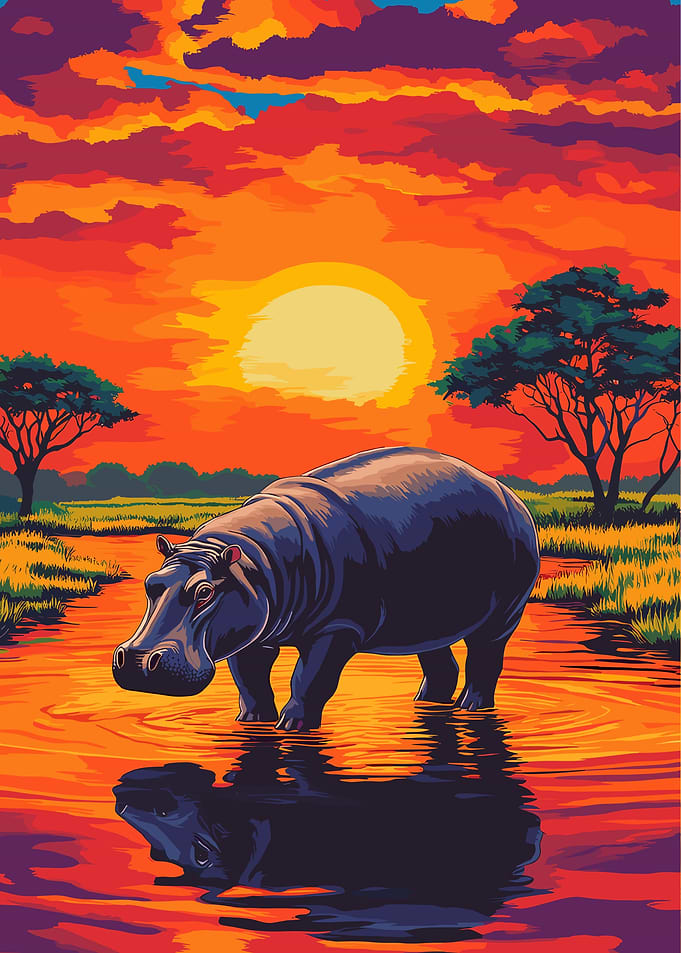 Hippopotamus in a Sunset River