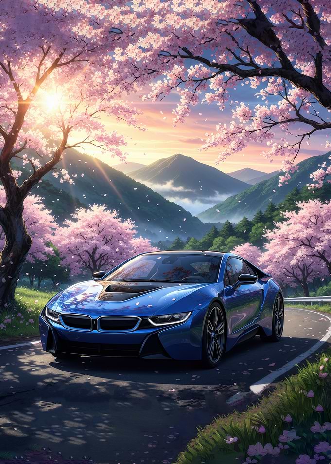 Blue sports car on a scenic road