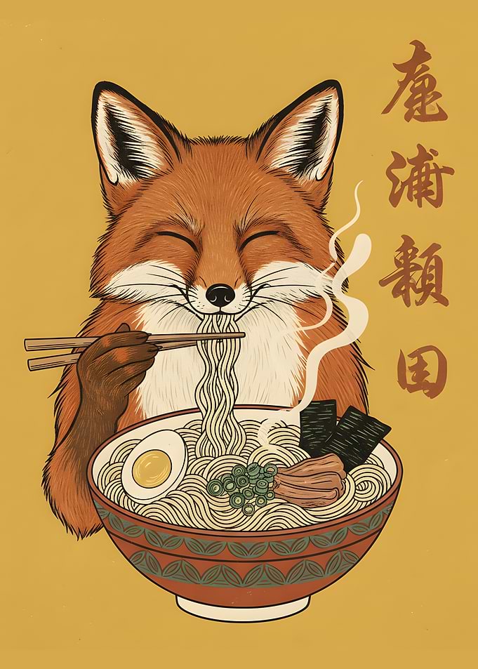 Japanese Fox Kitsune Ramen - Retro Ukiyo-e Style