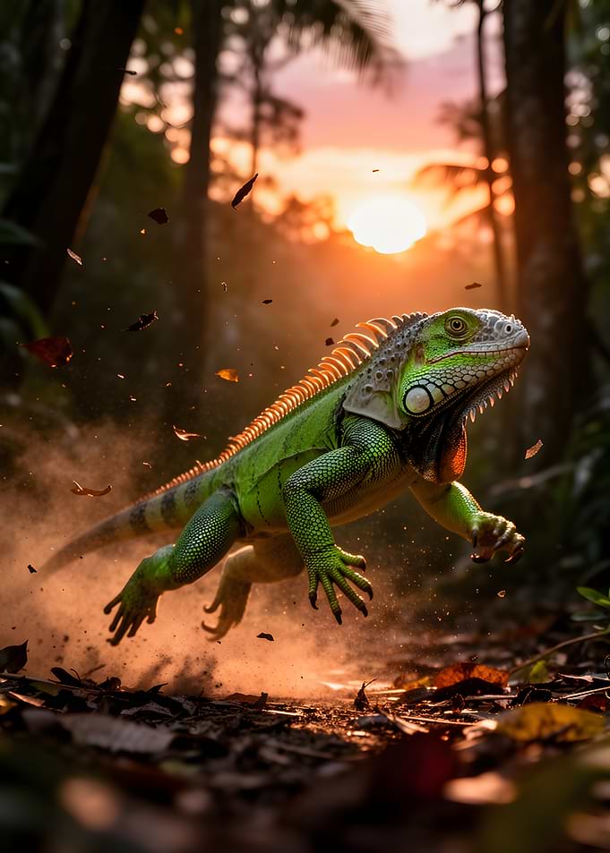 Green Iguana Leaping Through Forest Dust