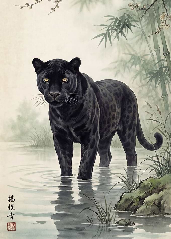Black Panther in Water with Bamboo